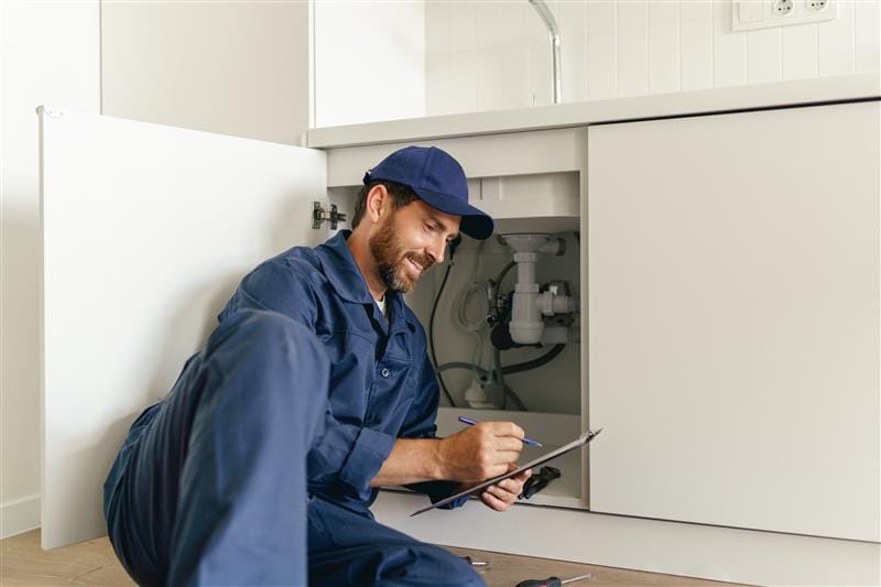 Residential plumber reviewing plumbing repairs in a The Villages kitchen