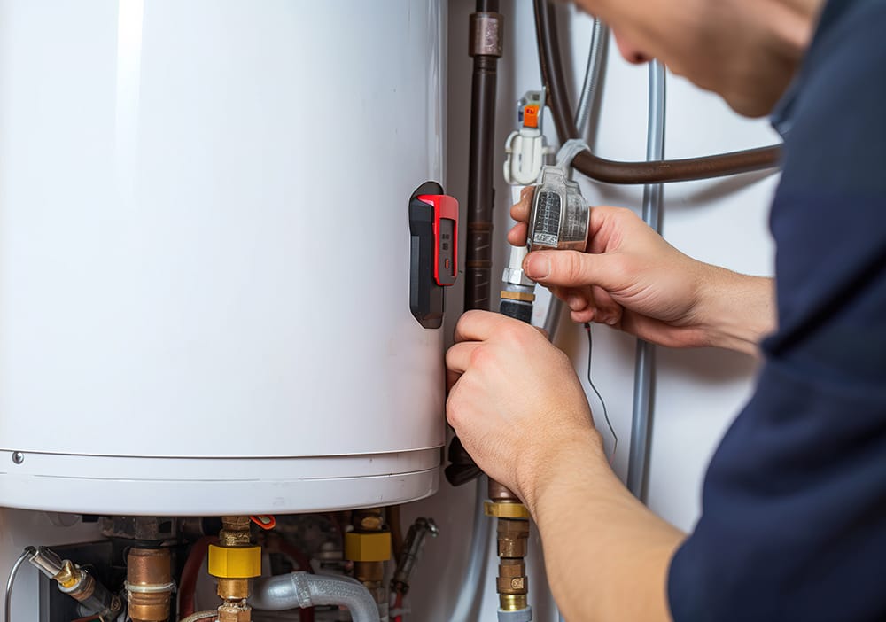 Technician repairing pipes connected to a water heater in The Villages